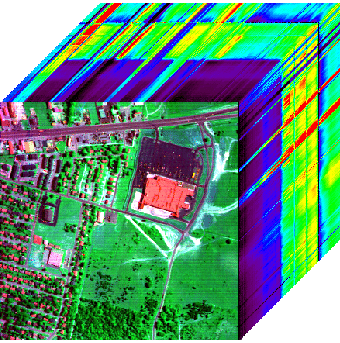 A hyperspectral data cube: a false-colour aerial image on the top face, with stacked spectral bands extending along the two visible sides