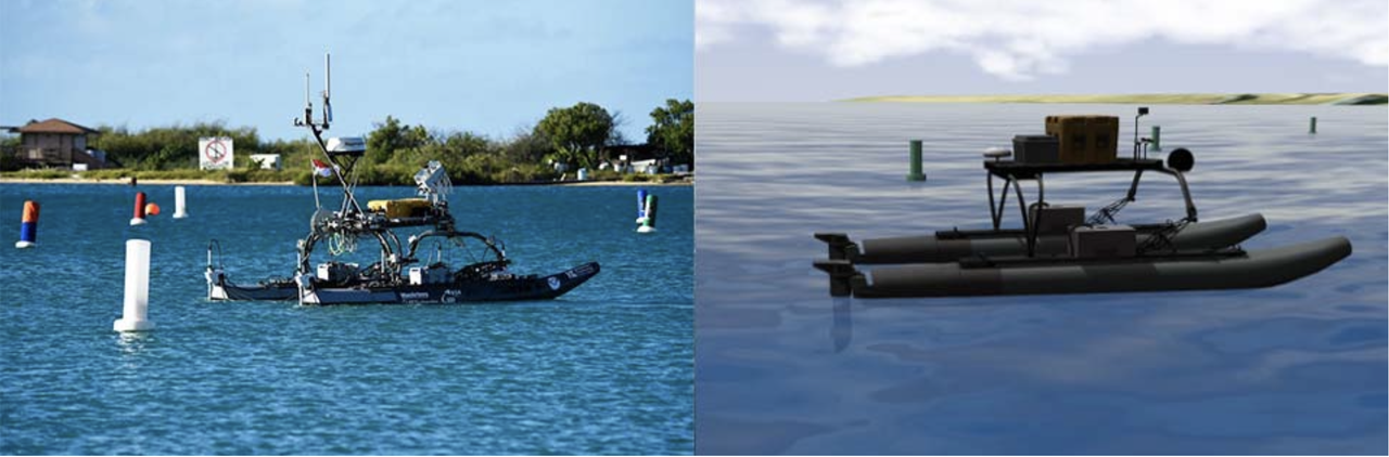 A physical unmanned surface vessel navigating a buoy course beside the same vessel rendered in the Gazebo simulator